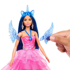 Barbie 65Anniversaire Poupée et Animal Licorne Ailée, Ch. Bleus
