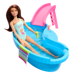 Barbie Coffret et Poupée, Brunette, Piscine, Serviette, Boissons
