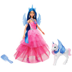 Barbie 65Anniversaire Poupée et Animal Licorne Ailée, Ch. Bleus