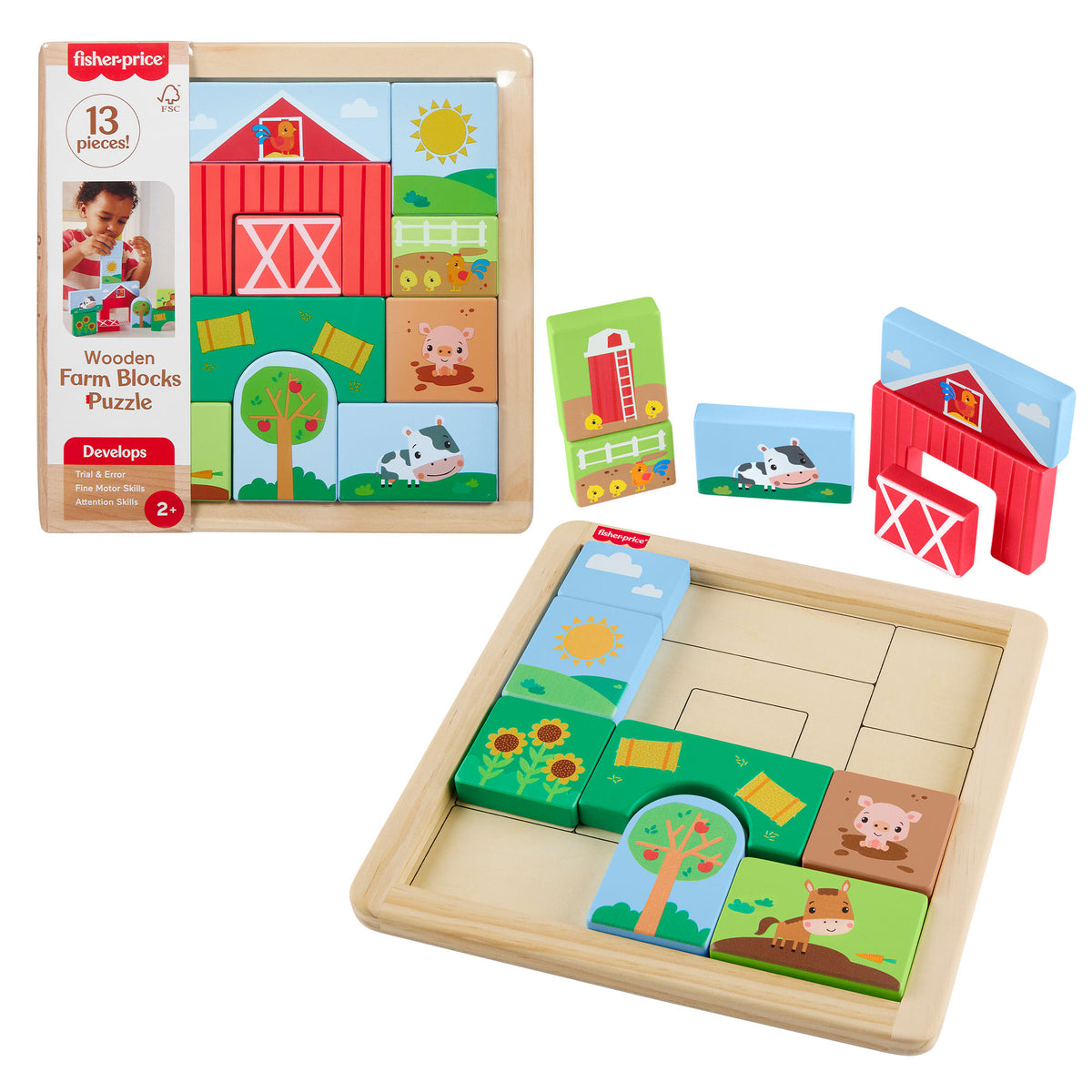 Casse-Tête en Bois à Thématique de Ferme Fisher-Price Pour Tout-Petits et enfants, 14 Pièces en Bois