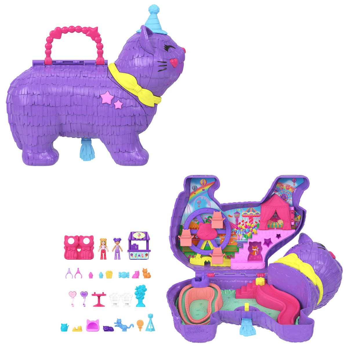Polly Pocket Celebration Kitty Playset With 2 Micro Dolls, 23 Surprise Accessories including Pets, Birthday Party With Ferris Wheel Ride