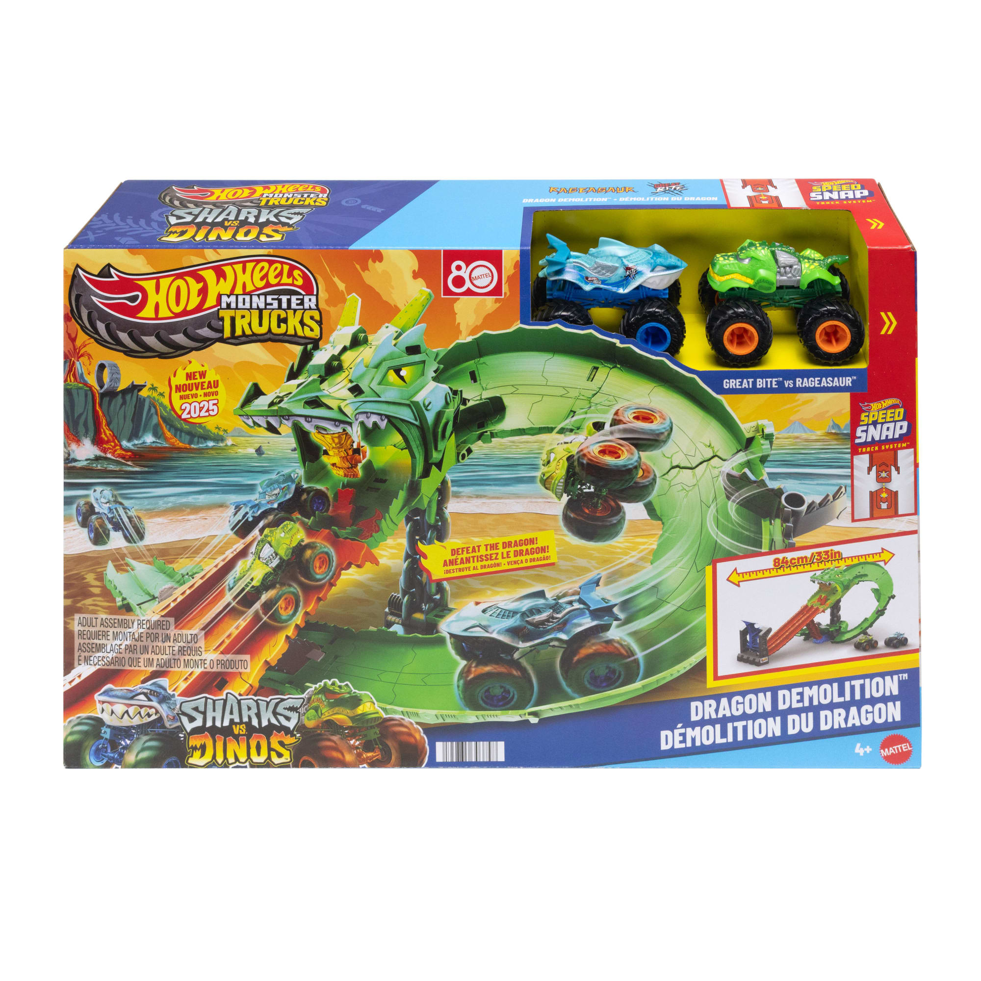 Hot Wheels Monster Trucks Pista de Brinquedo Tubarões vs. Dinossauros: Destruição do Dragão