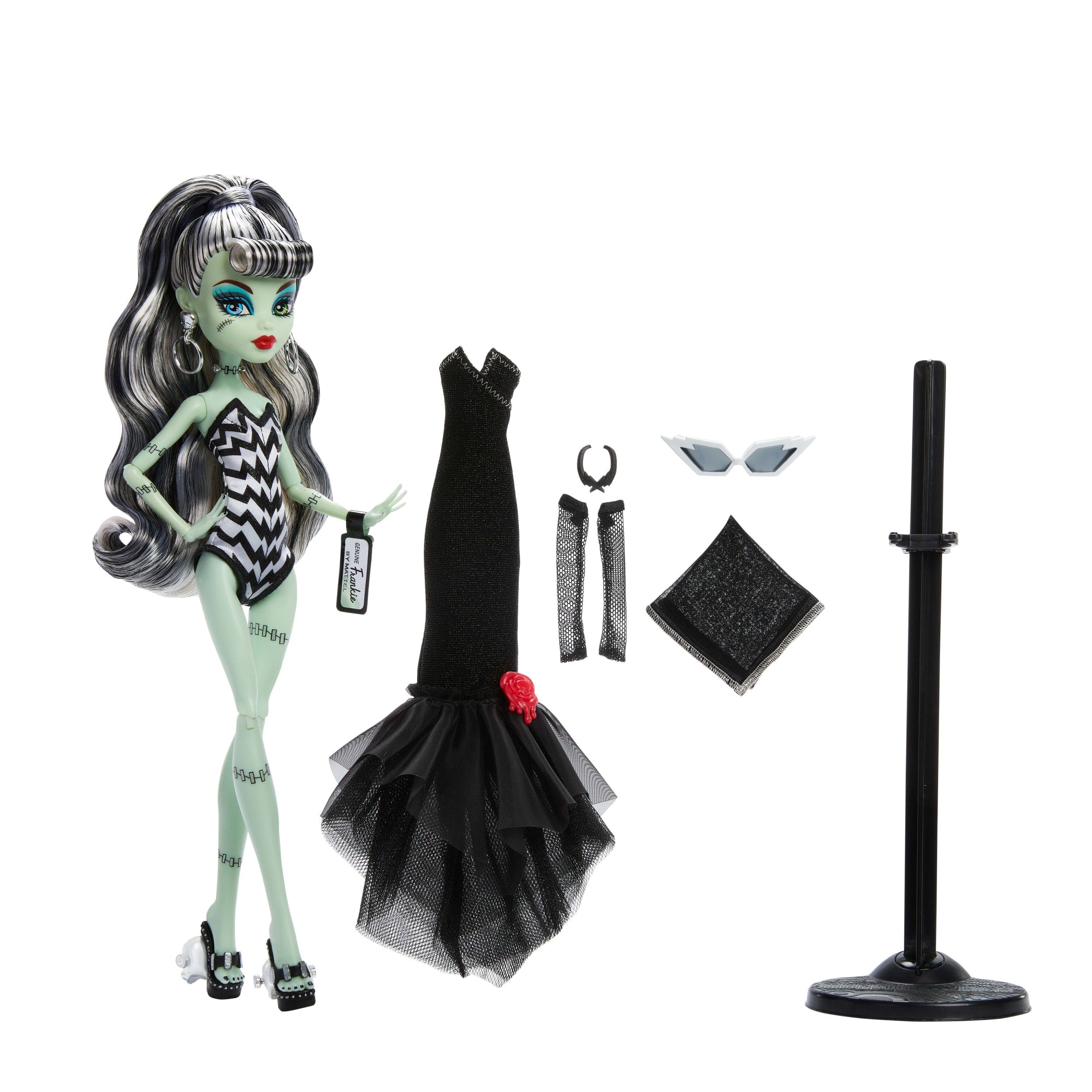 Monster High X Barbie Doll, Frankie Stein With Original Barbie Swimsuit, Black Dress And Accessories