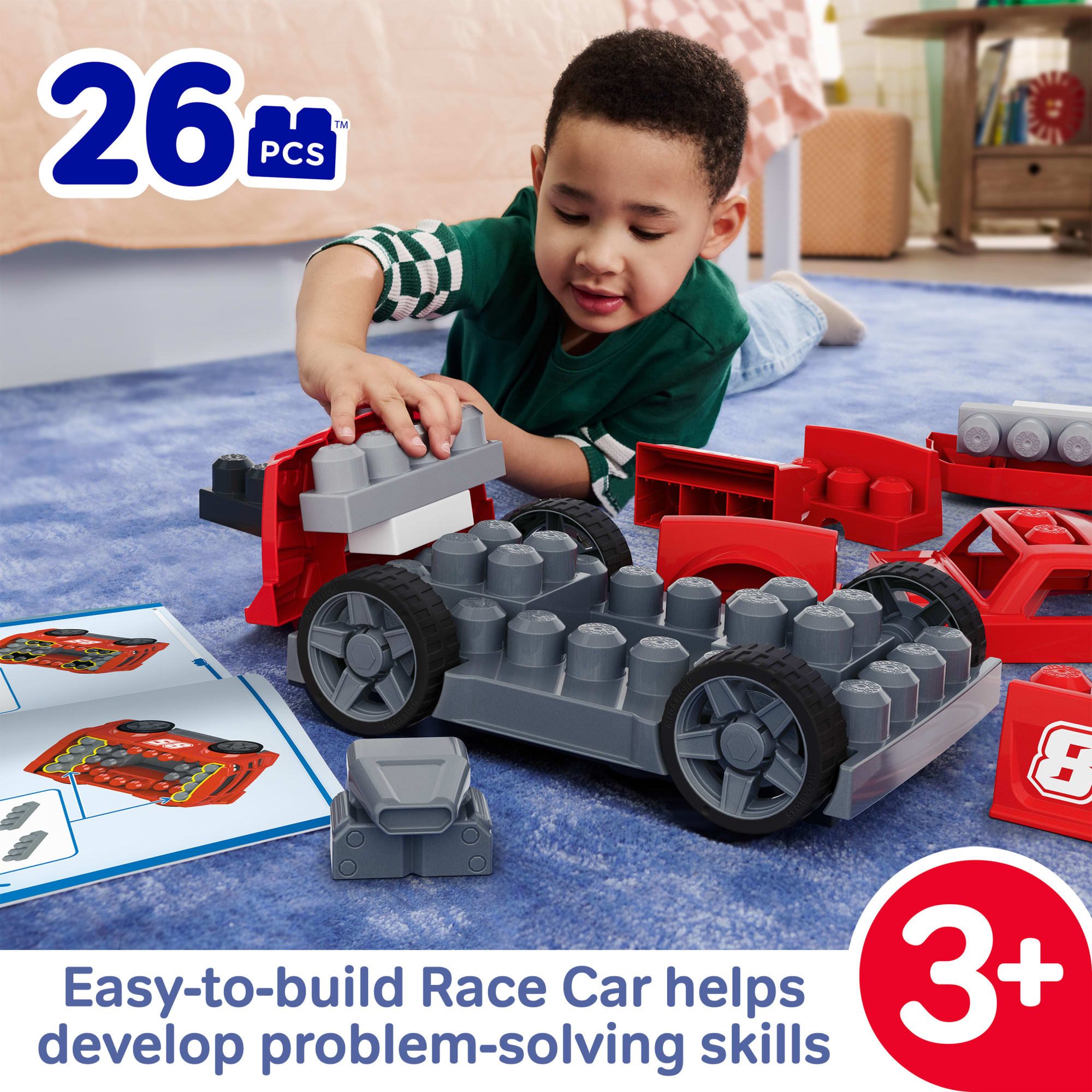 MEGA BLOKS Build & Go Race Car Block Toy With Rolling Wheels (26 Pieces) For Kids