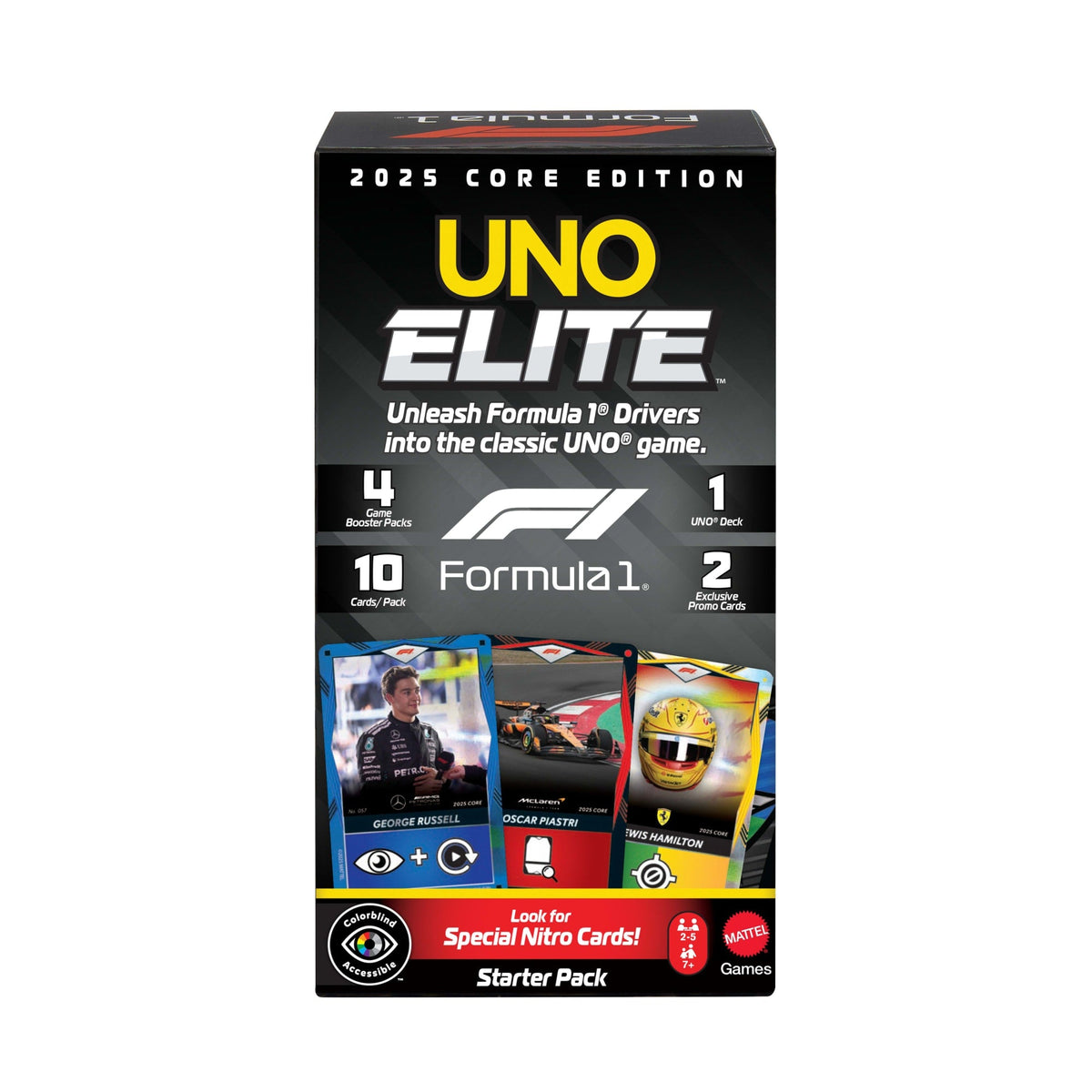 UNO Elite Formula 1 2025 Core Edition Starter Pack Card Game With 4 Game Booster Packs & 2 Promo Cards