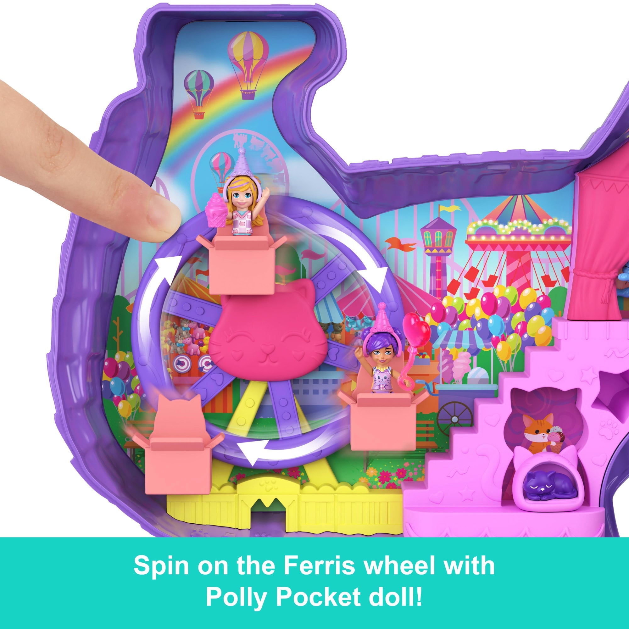 Polly Pocket Celebration Kitty Playset With 2 Micro Dolls, 23 Surprise Accessories including Pets, Birthday Party With Ferris Wheel Ride