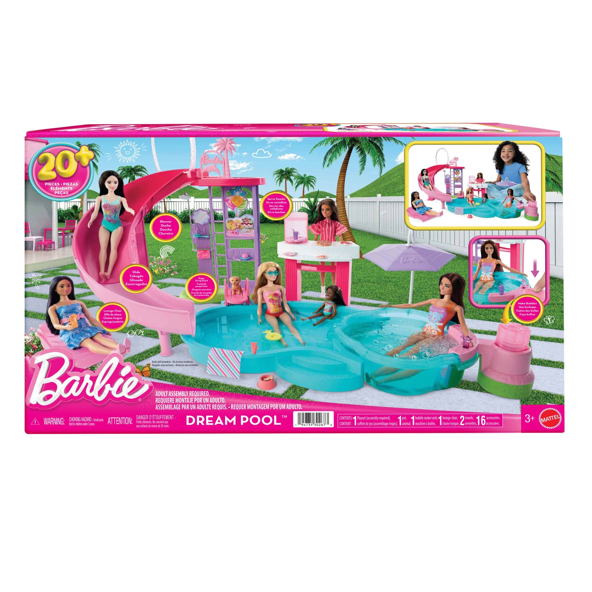 Barbie Dream Pool Playset With Slide & Bubbling Hot Tub, 20+ Accessories including Pet, Floaties & More