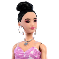 Barbie Deluxe Style Fashion Doll #11 in Pink Denim Star-Print Dress, Black Hair in Bun
