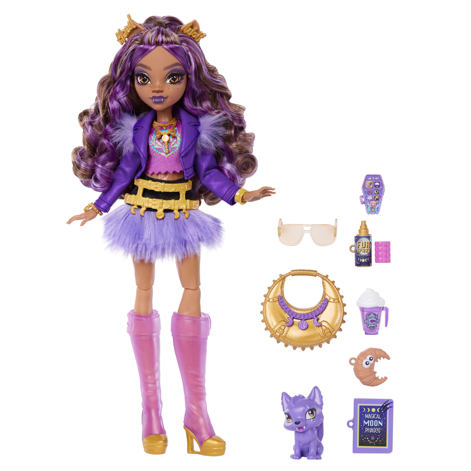 Monster High Clawdeen Wolf Fashion Doll in Furry Skirt With Pet Crescent And 7 Accessories