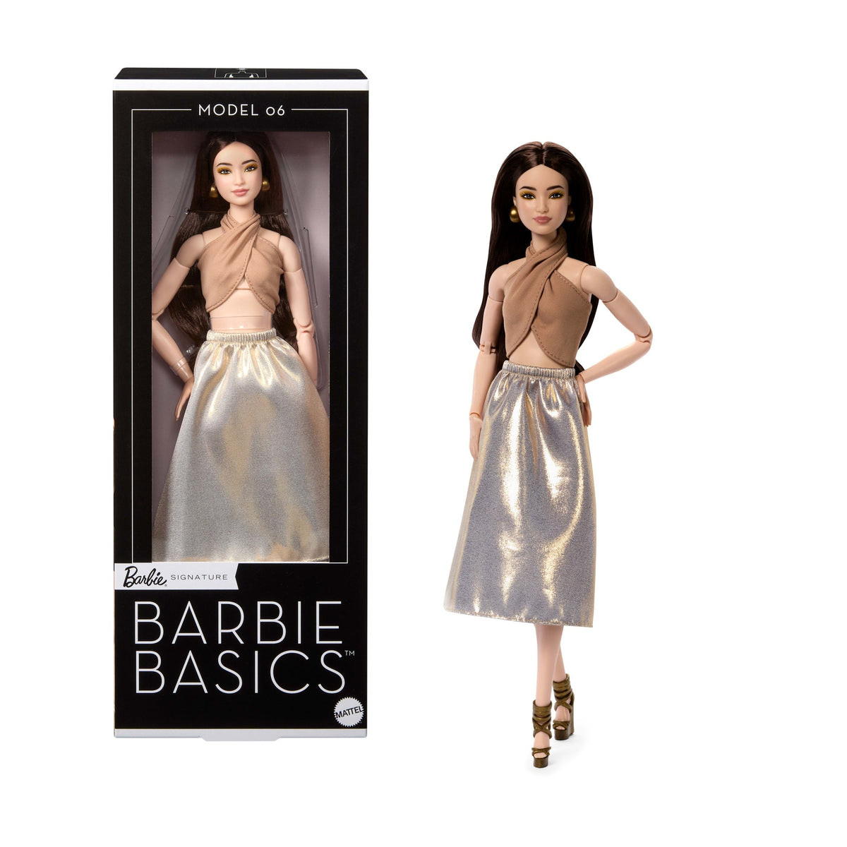 Barbie Basics Collectible Doll, Model 06 With Brunette Hair in Shimmery Golden Skirt & Halter