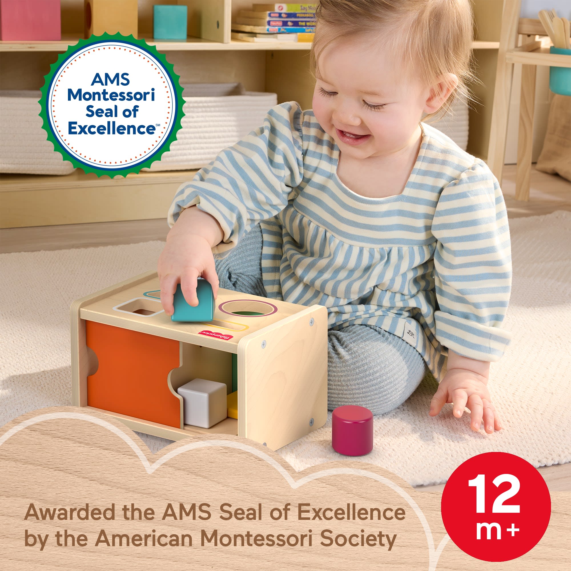 Fisher-Price Montessori Wooden Sort & Find Object Permanence Box, Baby Learning Toy
