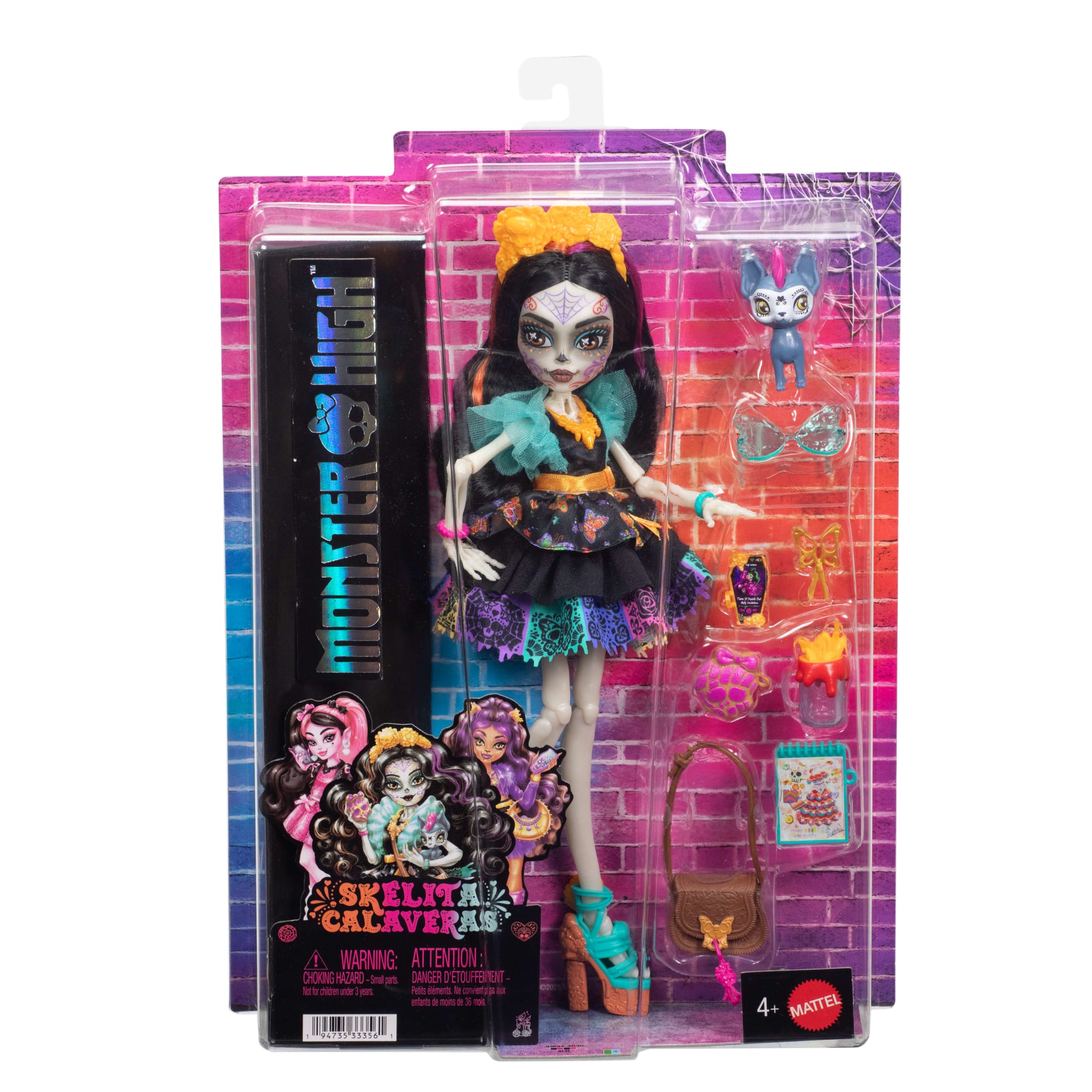 Monster High Skelita Calaveras Fashion Doll in Ruffled Dress With Pet Candelita And 7 Accessories