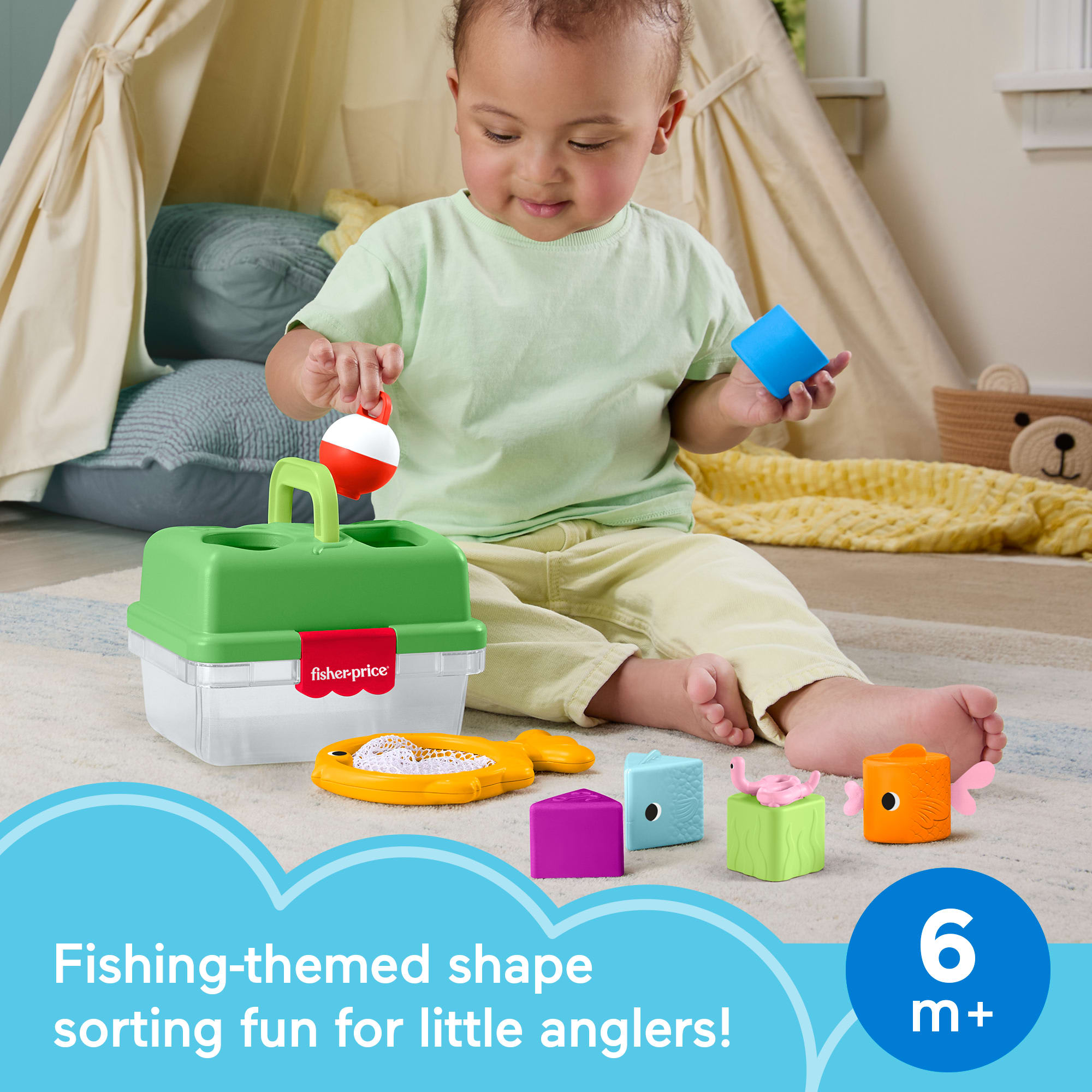 Fisher-Price Friendship Forest Sort & Store Tackle Box Baby Toy With 6 Shape Blocks & Fishing Net
