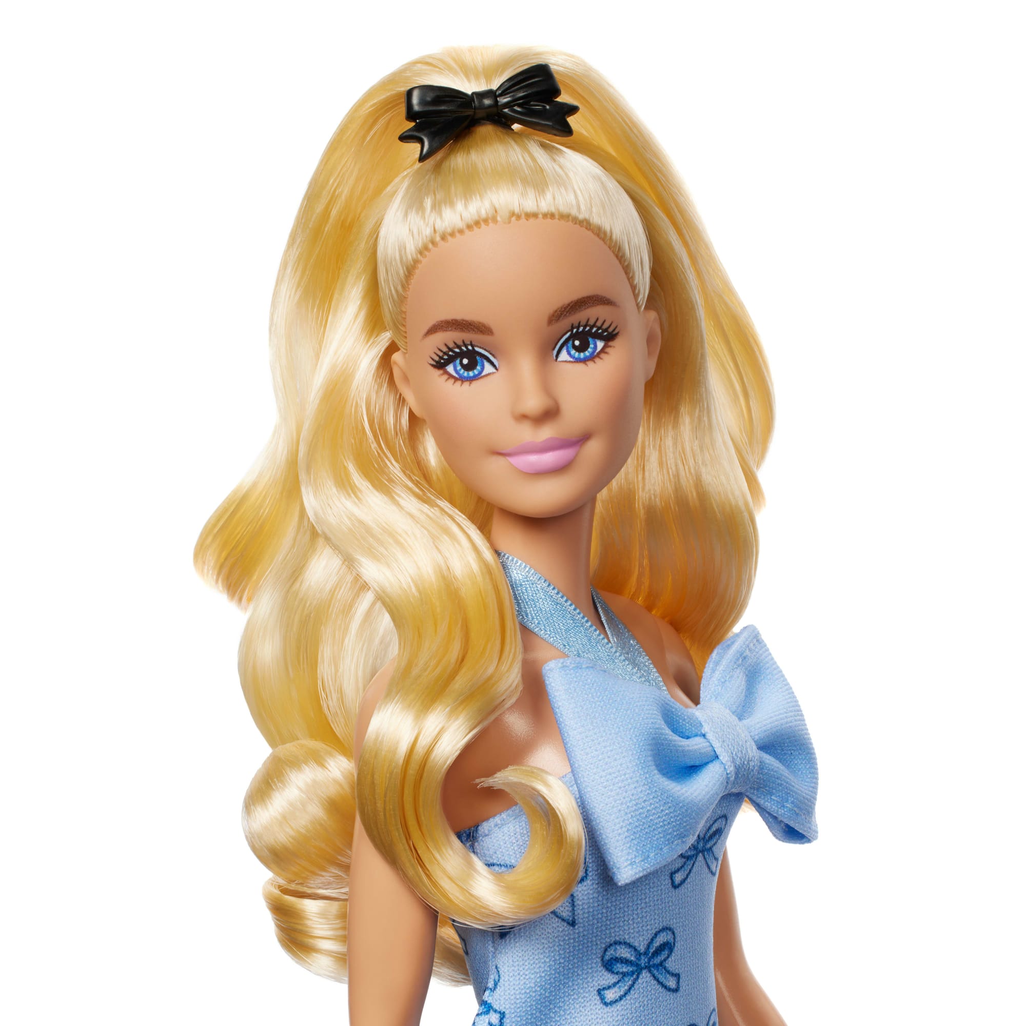 Barbie Fashionistas Doll #237 in Blue Bow Halter Dress, Blonde Ponytail With Bow Accessory