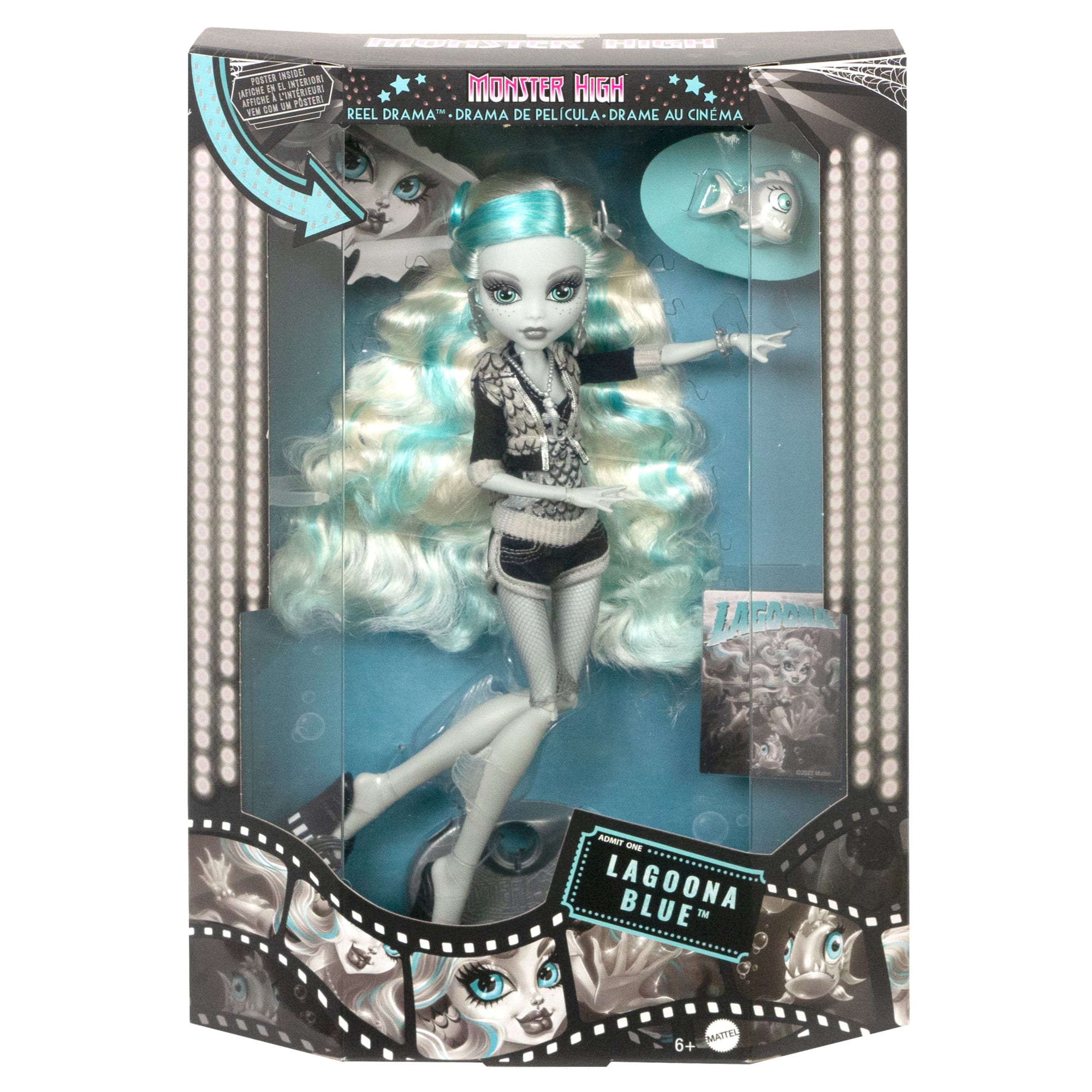 Monster High Reel Drama Lagoona Blue Collector Doll in Black And White, Reproduction With Poster