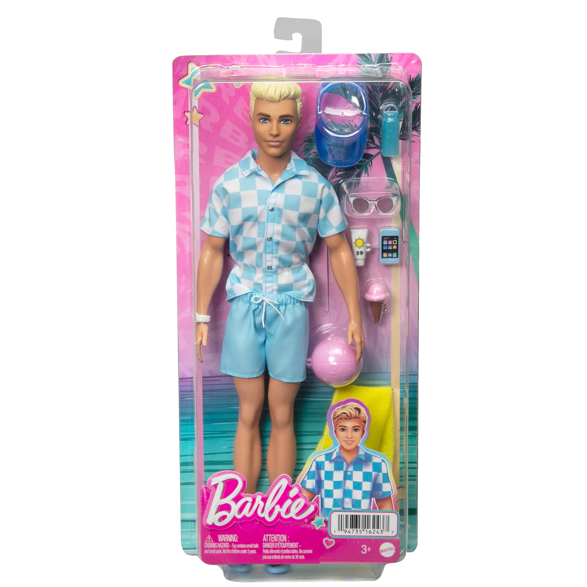 Blonde Ken Doll With Swim Trunks And Beach-Themed Accessories