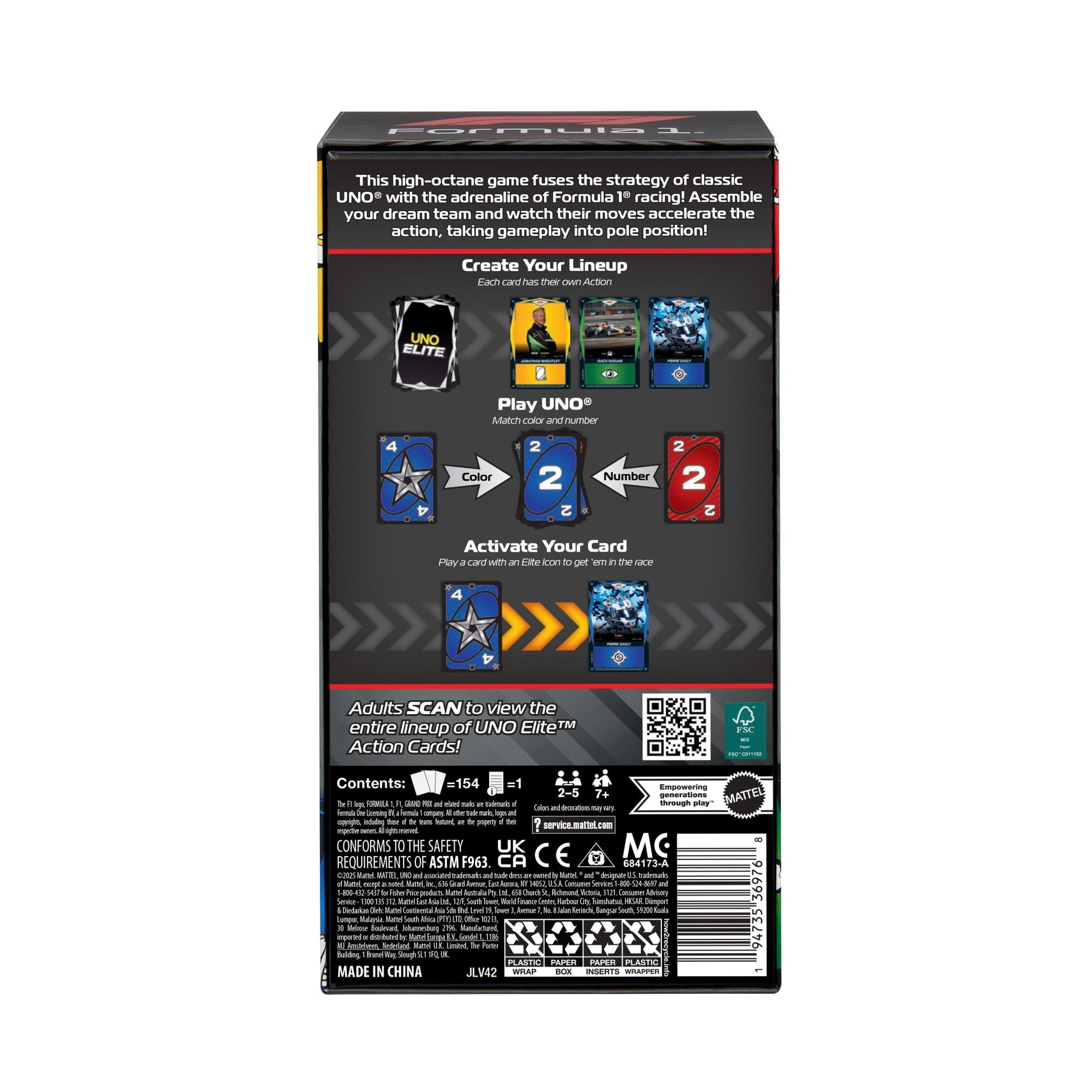 UNO Elite Formula 1 2025 Core Edition Starter Pack Card Game With 4 Game Booster Packs & 2 Promo Cards