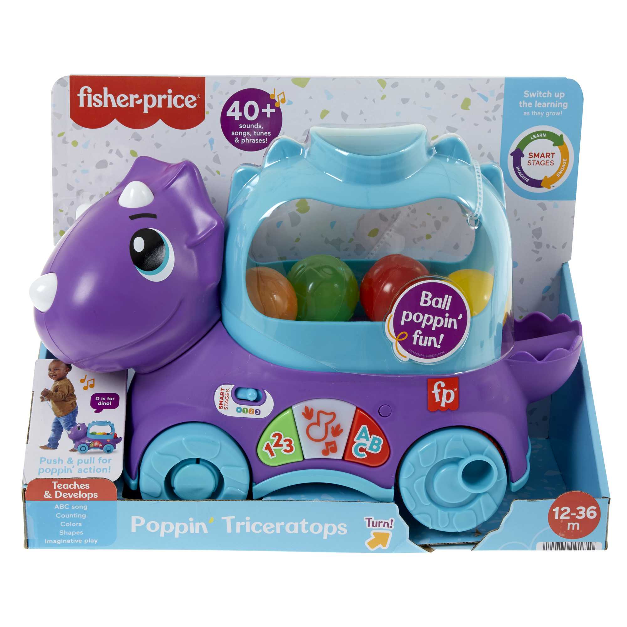 Fisher-Price Toddler Learning Toy, Dinosaur Pull Toy English & French Version, Poppin’ Triceratops