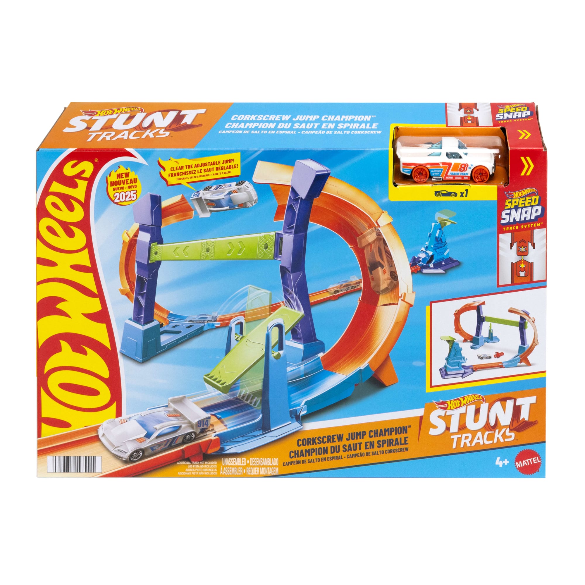Hot Wheels Stunt Tracks Corkscrew Jump Champion Track Set & 1:64 Scale Toy Car, Speed Snap Track