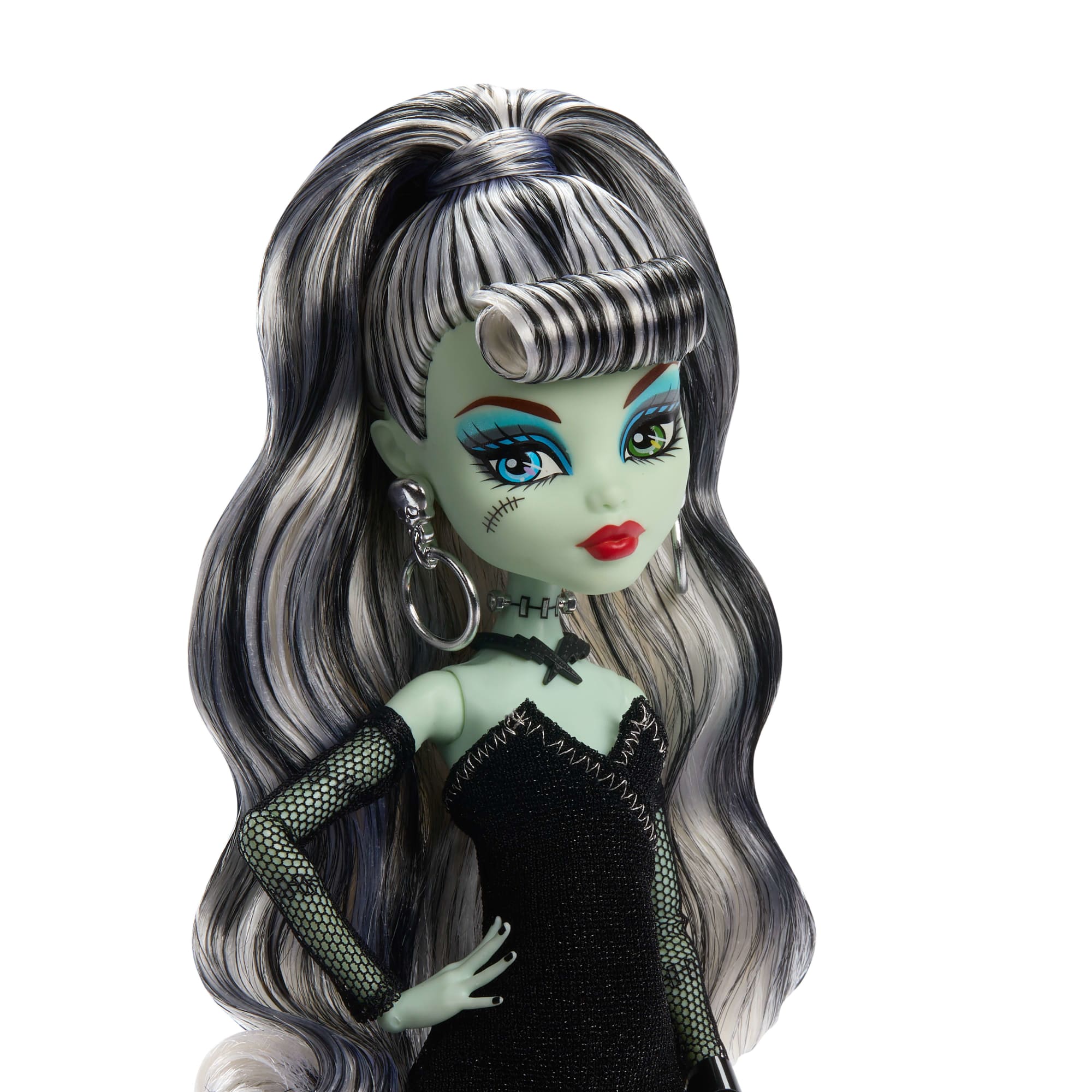 Monster High X Barbie Doll, Frankie Stein With Original Barbie Swimsuit, Black Dress And Accessories