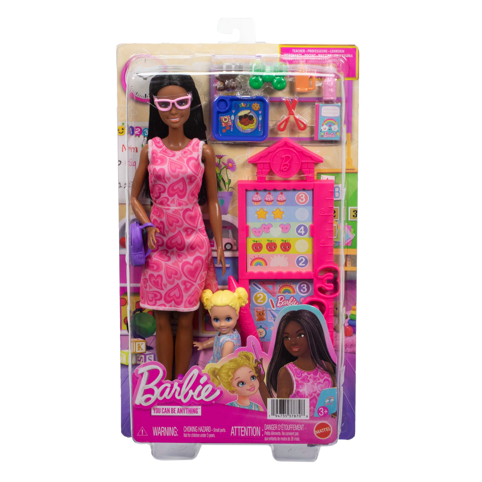Coffret Barbie Carrières enseignante Avec Poupée Mode, Poupée de Tout-Petit, Tableau Noir et Accessoires
