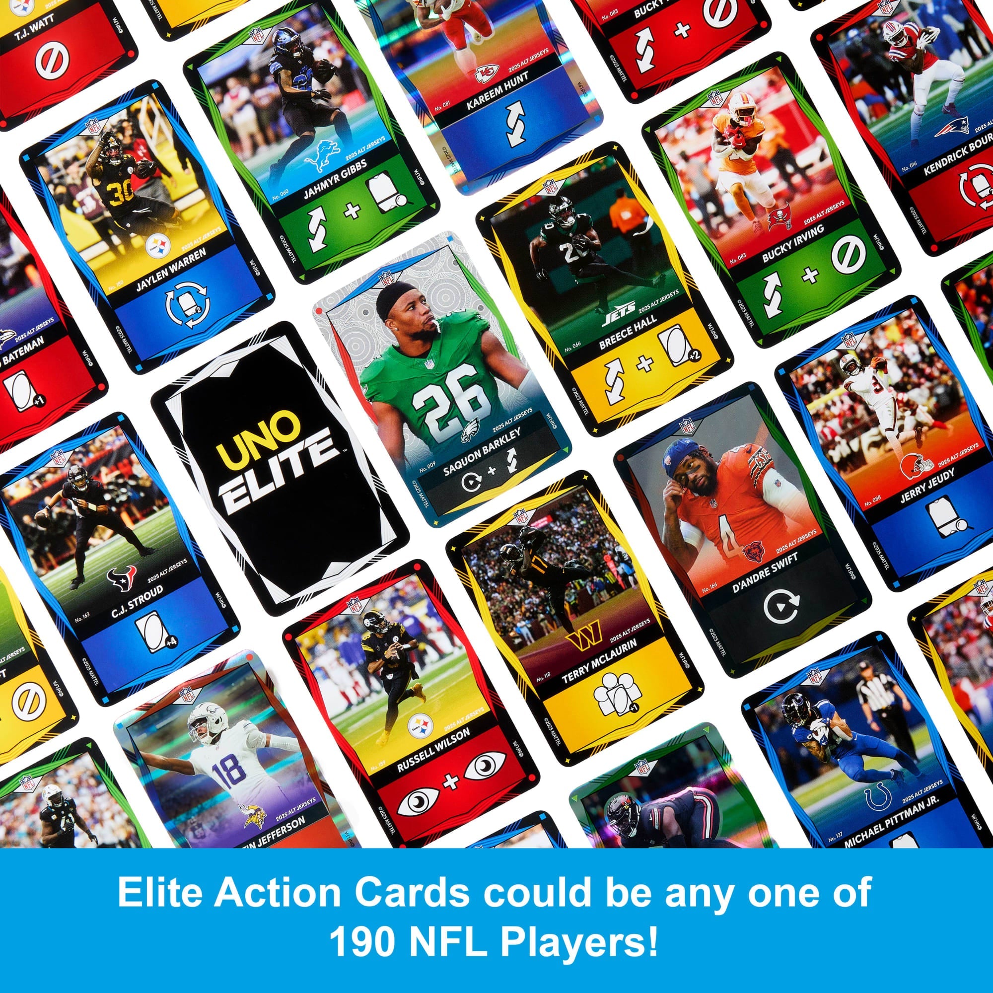 UNO Elite NFL 2025 Alt Jerseys Edition Booster Set Plus With 40 Elite Action Cards (Players May Vary)
