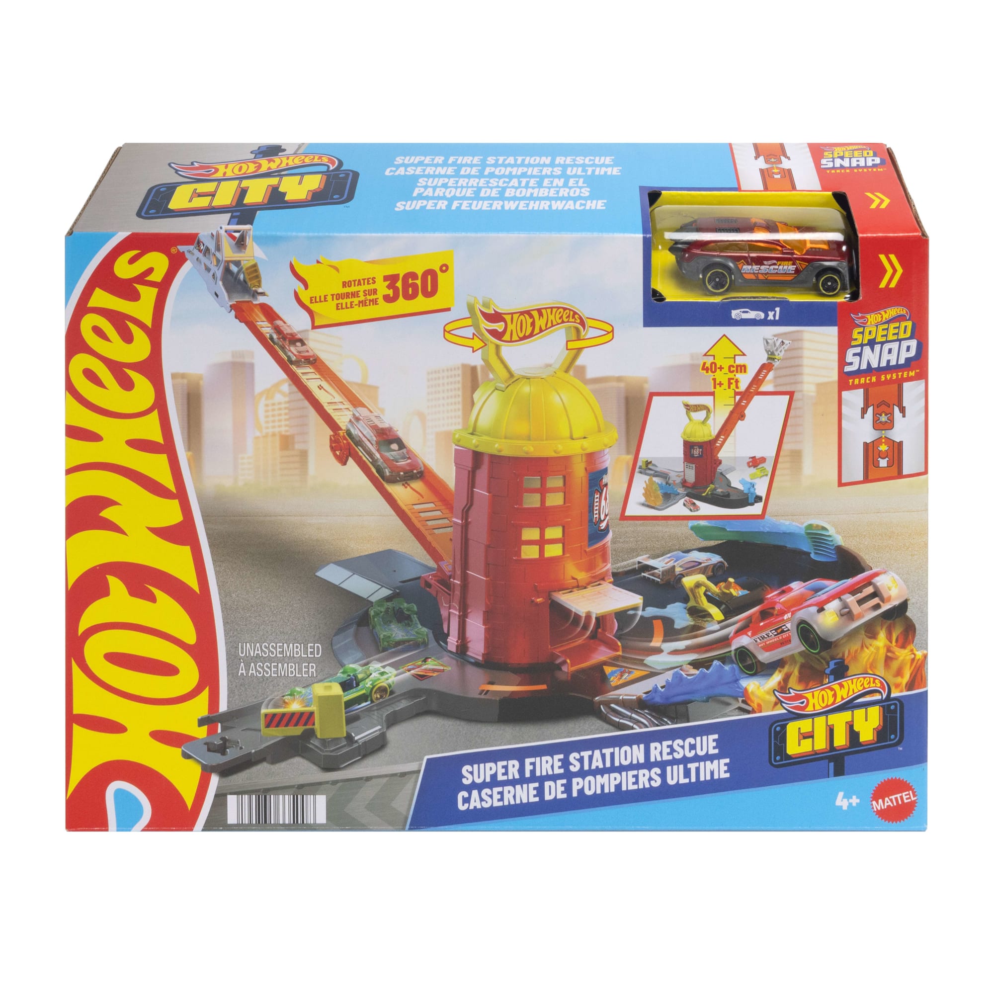 Hot Wheels City Super Fire Station Rescue Playset & 1:64 Scale Toy Car, Track Extends 16”