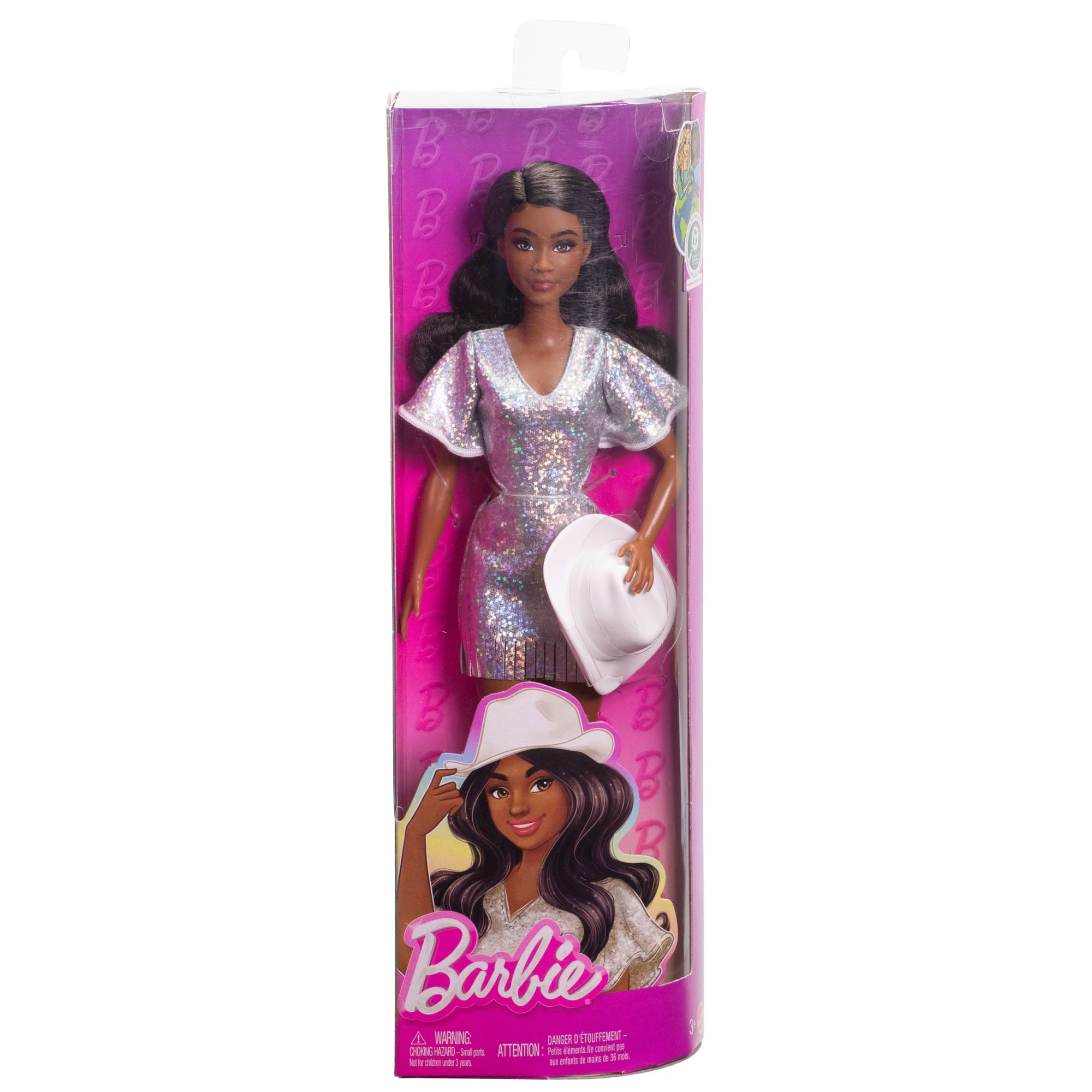 Barbie Fashionistas Doll #239 in Sparkly Silver Dress With Cowboy Hat And Boots, Black Hair