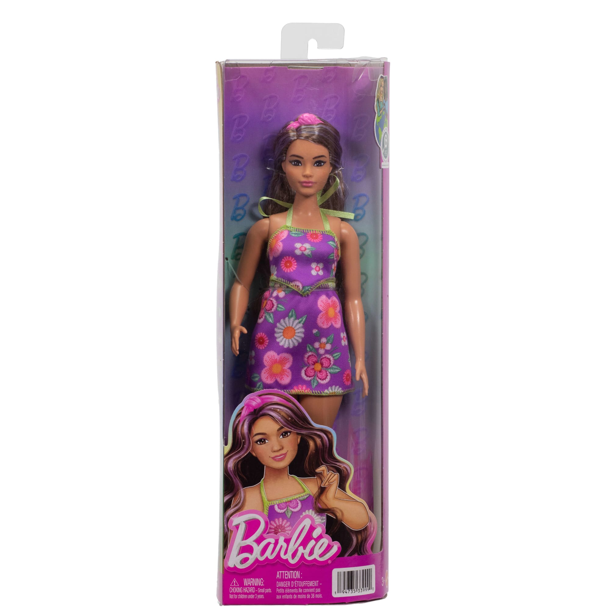 Barbie Fashionistas Doll #244 With Floral Halter Dress, Purple-Streaked Brown Hair