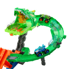 Hot Wheels Monster Trucks Pista de Brinquedo Tubarões vs. Dinossauros: Destruição do Dragão