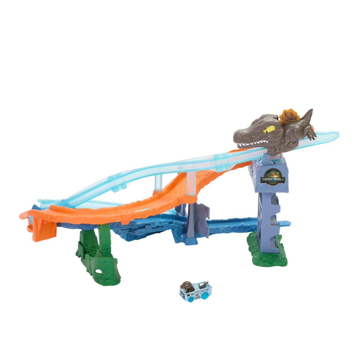 Hot Wheels Racerverse Jurassic World Crash & Splash Track Set & Die-Cast Dinosaur Toy Car