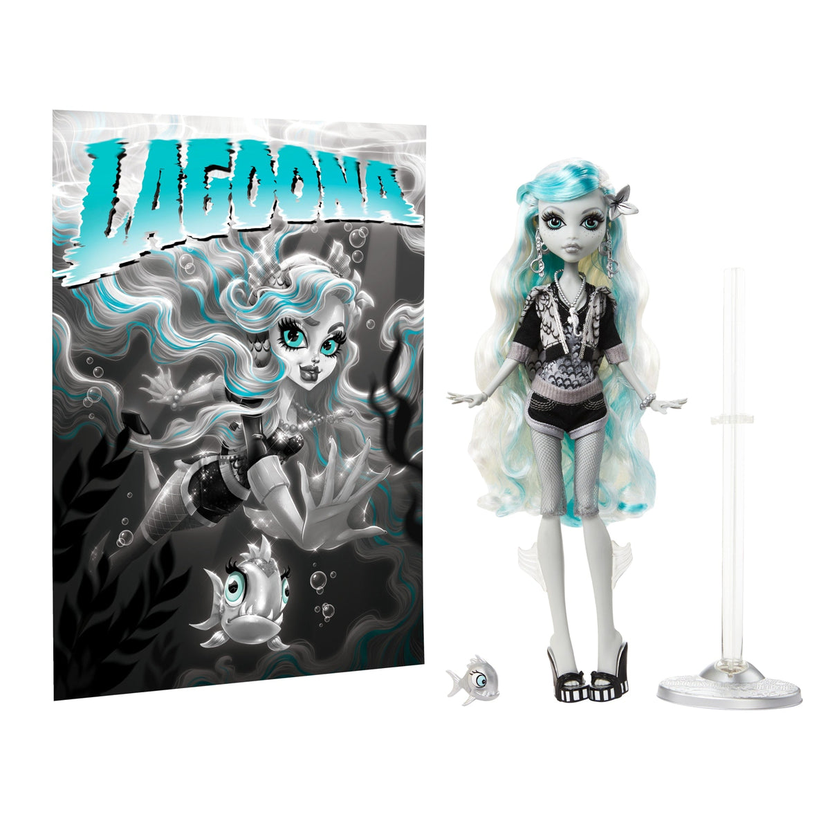 Monster High Reel Drama Lagoona Blue Collector Doll in Black And White, Reproduction With Poster