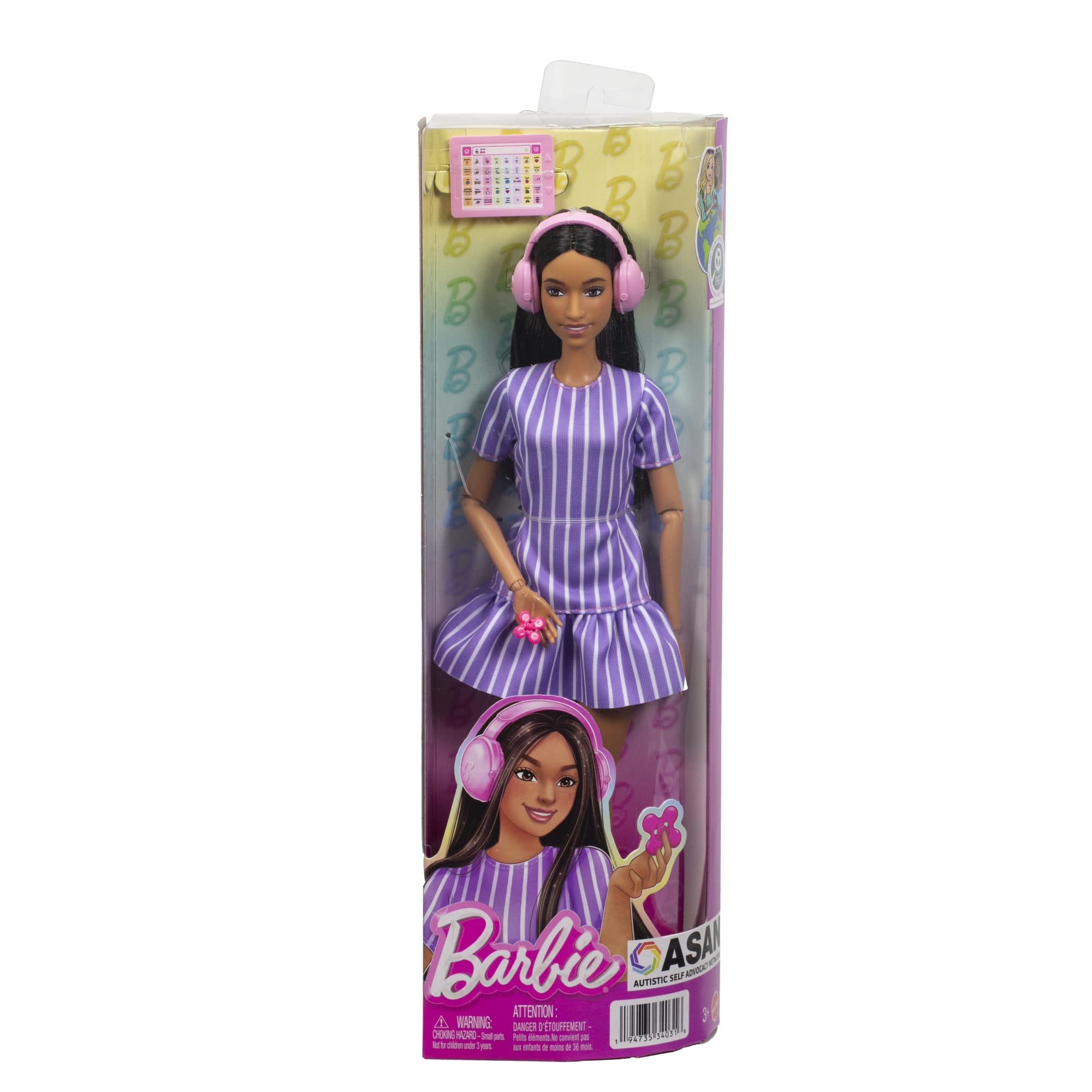Barbie Fashionistas Doll #245 in Purple Striped Dress, Autistic Barbie With Accessories | Mattel