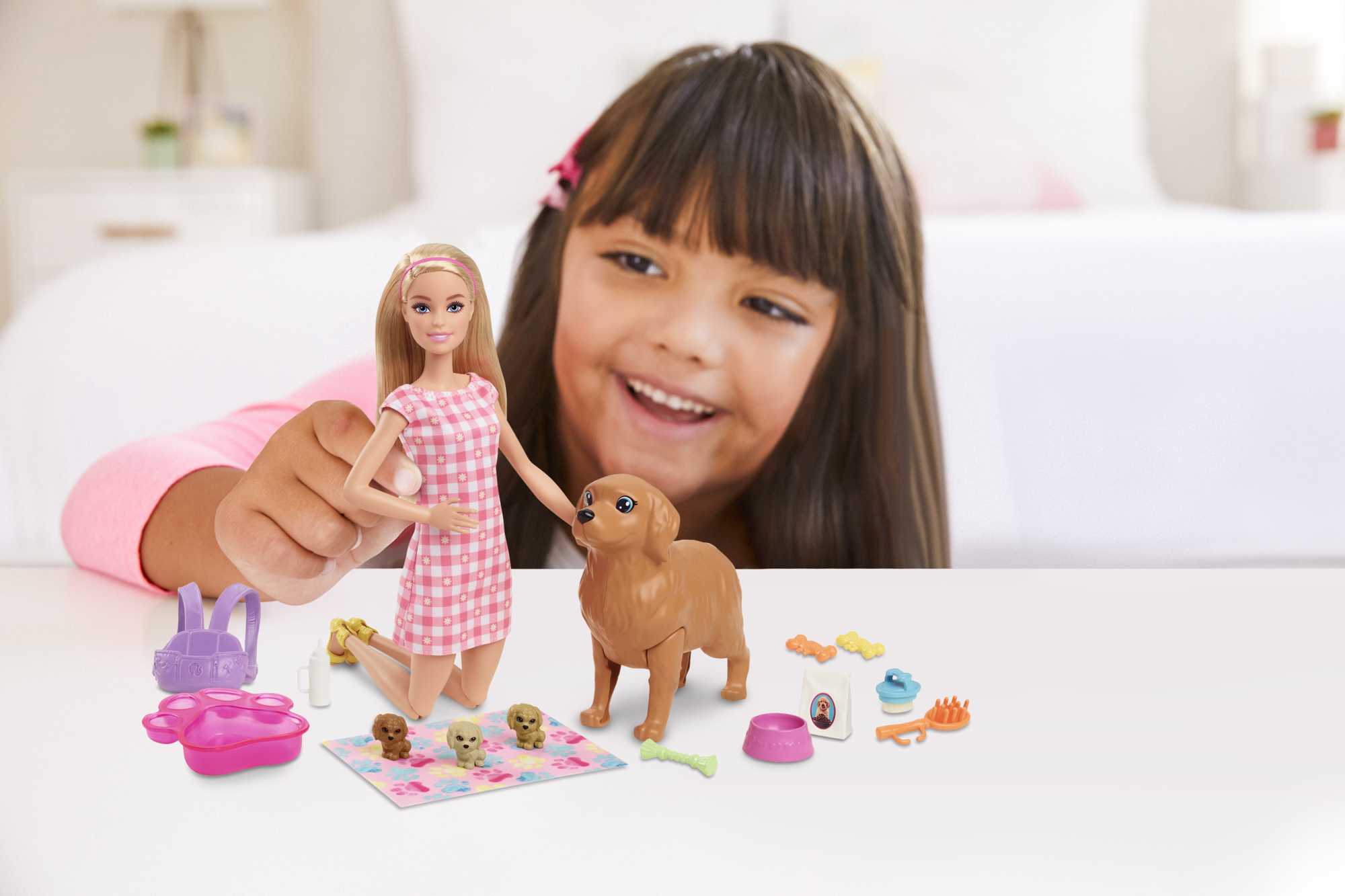 Barbie Conjunto de Brinquedo Cachorrinhos Recém-Nascidos Vestido Xadrez