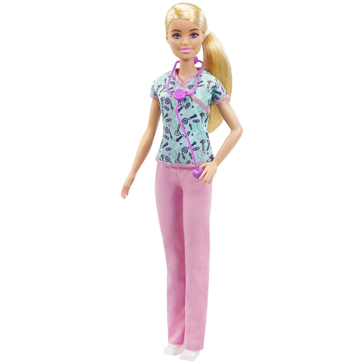 Barbie Nurse Fashion Doll Dressed in Medical Scrubs, White Shoes & Stethoscope Accessory