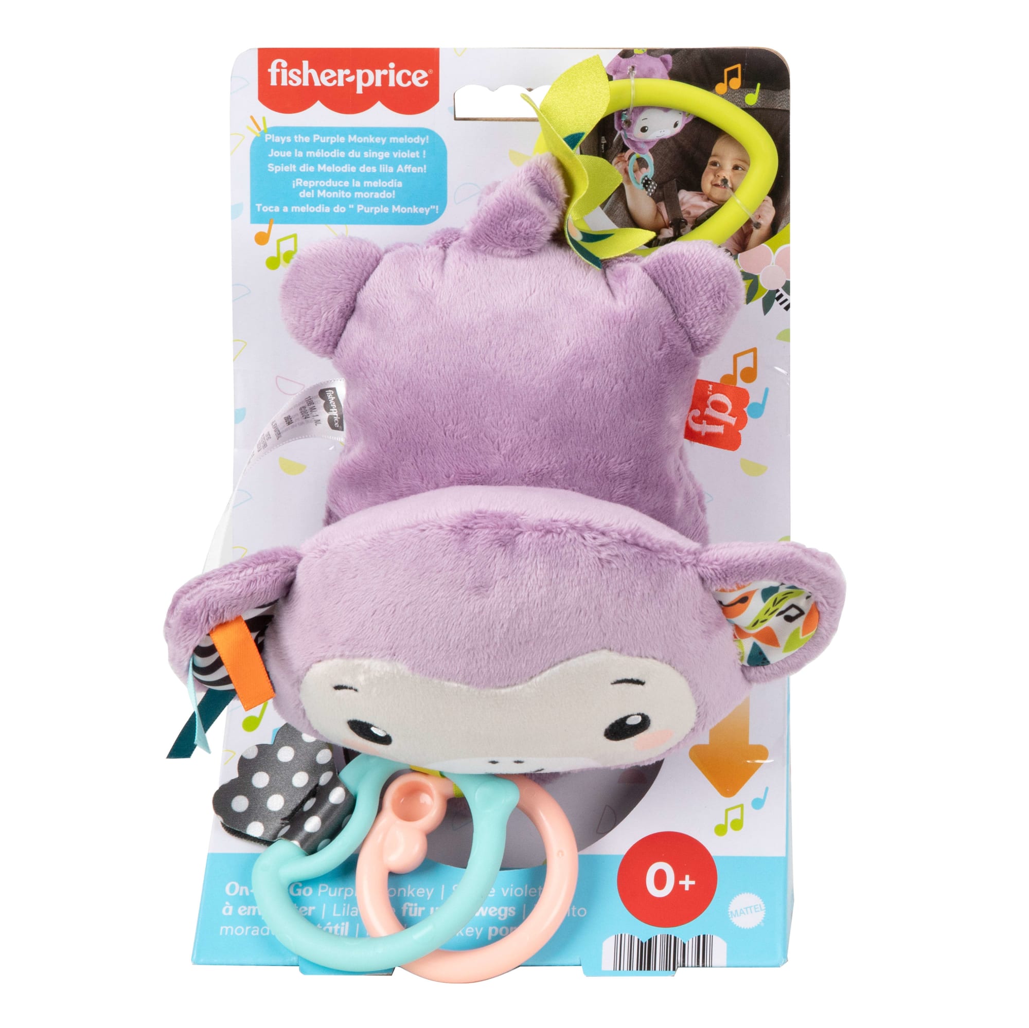 Fisher-Price On-The-Go Purple Monkey Plush Baby Stroller Sensory Toy For Newborns